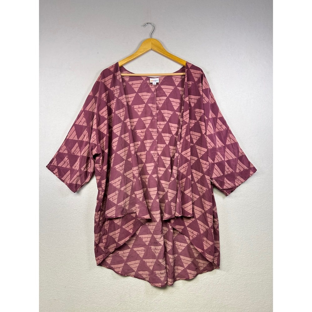 LuLaRoe Kimono Cardigan Women's Size L Geometric Print Burgundy Pink